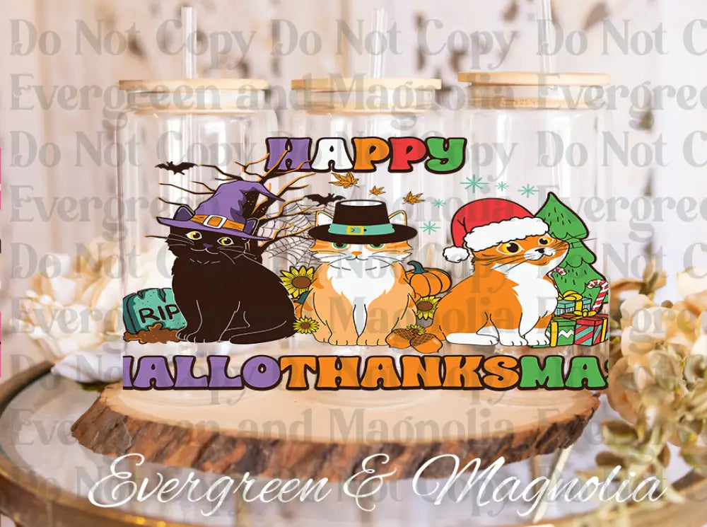 119-Cat Happy Hallothanksmas- Cat Halloween-Cat Pumpkin Fall-Cat Christmas