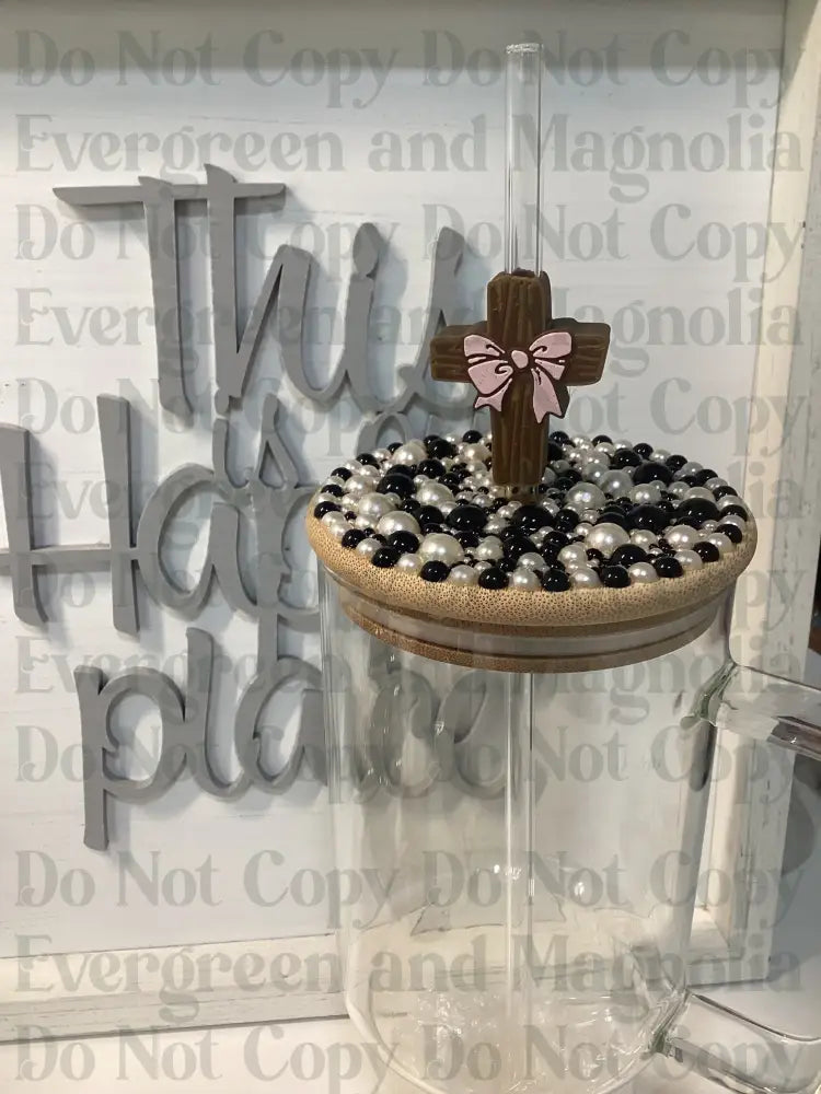 Cross with Pink Bow Straw Topper 10mm