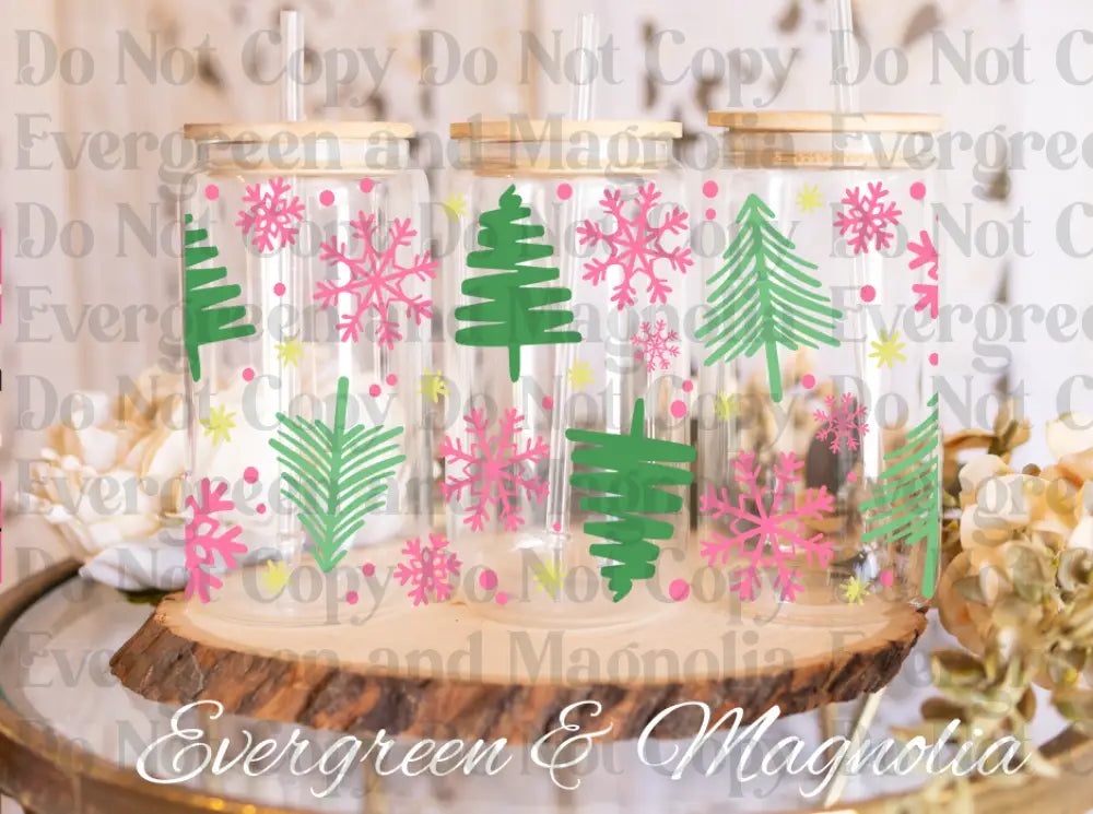 Green christmas trees & Pink Snowflakes