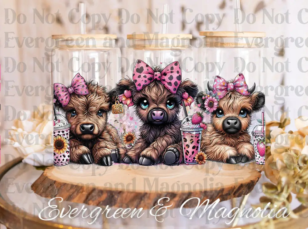 Highland cow pink bow trio UV DTF print