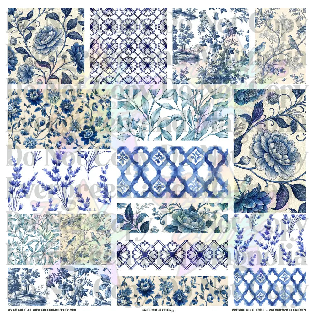 Patchwork Elements - Vintage Blue Toile (Printed Vinyl)
