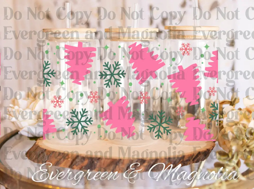 Pink trees & Green Snowflakes