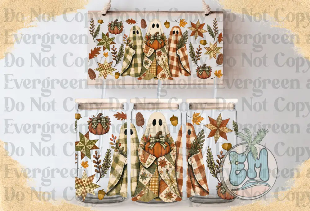 Quilted ghost trio with pumpkins