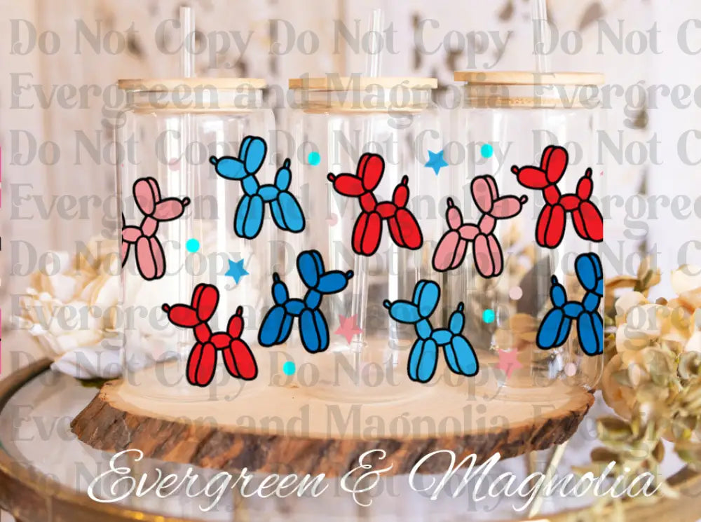 Red white and blue balloon dogs 16oz UV DTF print