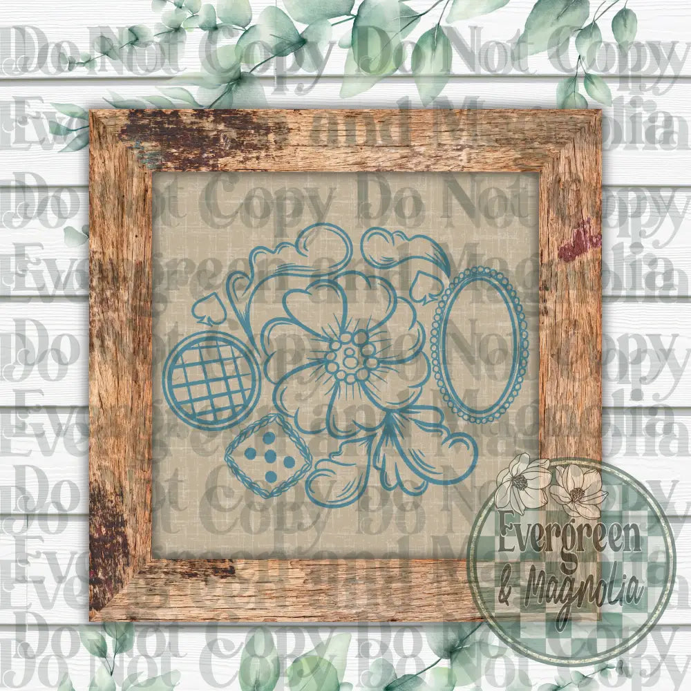 Tooled leather collage (blue outline)