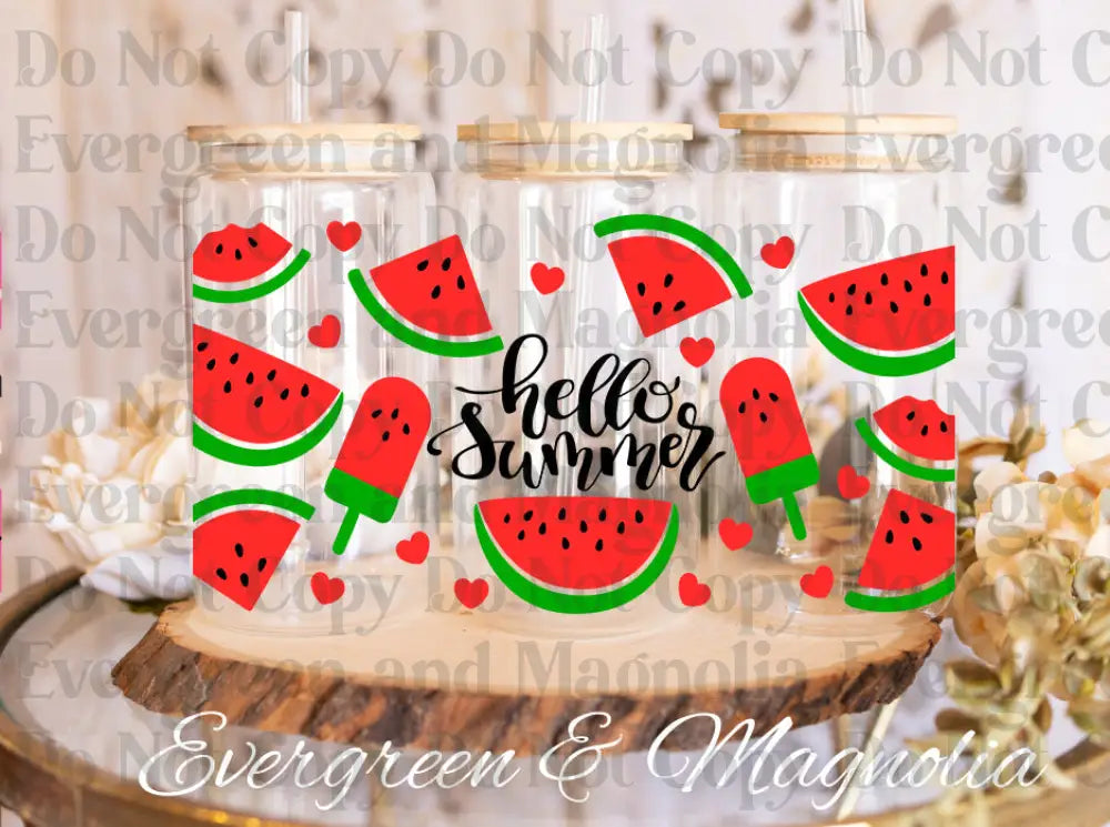 hello summer watermelon libbey UV DTF print