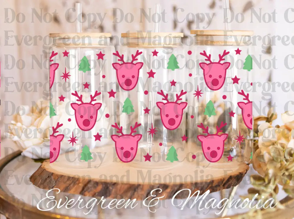 hot pink reindeer faces-Green trees