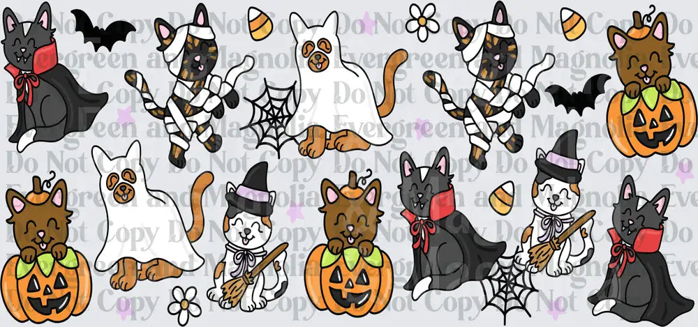 Halloween Cats in Costumes Ghost Mummy Vampire Witch Set