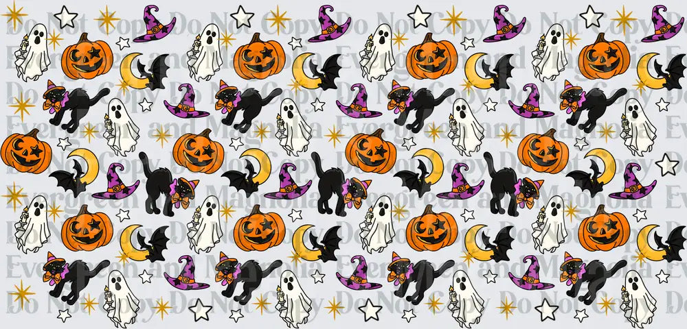 Halloween Pattern Ghosts Cats Pumpkins Bats Witch Hats