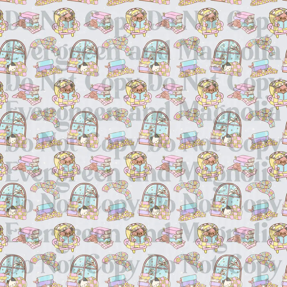 Cozy Reading Owl Cat Kawaii Pastel Pattern Bundle