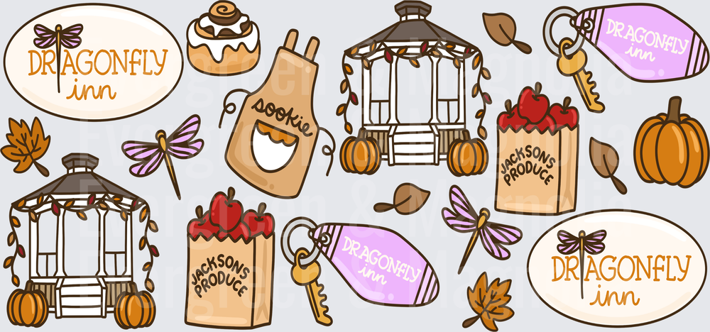 Dragonfly Inn Fall Icons Doodle Sheet Gazebo Sookie Aprons