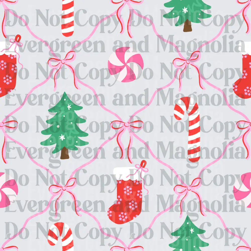 Pink Bow Christmas Pattern Trees Stockings Candy Canes