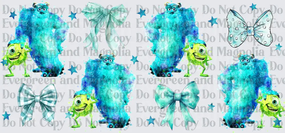 Watercolor Blue Furry Monster & Green Cyclops with Bows