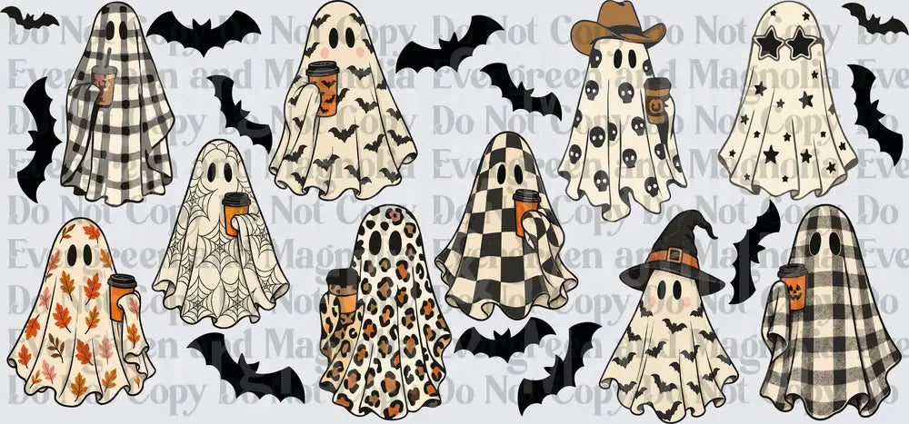 Cute Halloween Ghost Collection with Bats and Coffee Cups