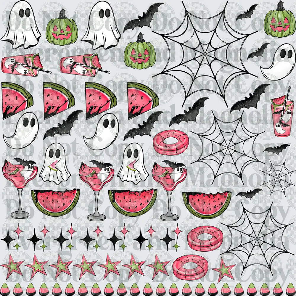 Watermelon Halloween Ghost Pumpkin Bat Spider Web Pattern