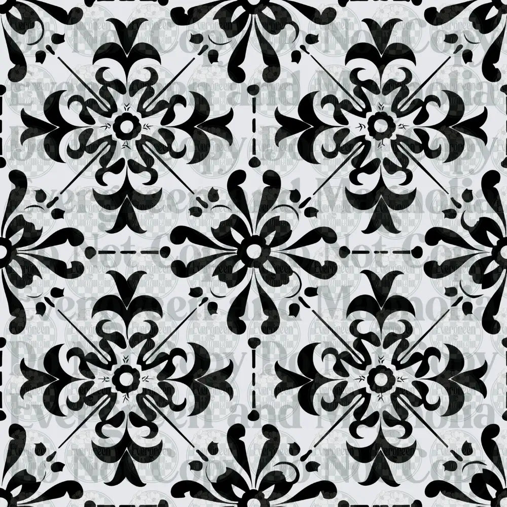 Black White Talavera Floral Tile Seamless Pattern