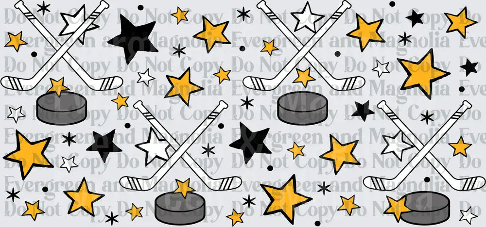 Hockey Sticks Pucks Stars Black Gold Pattern
