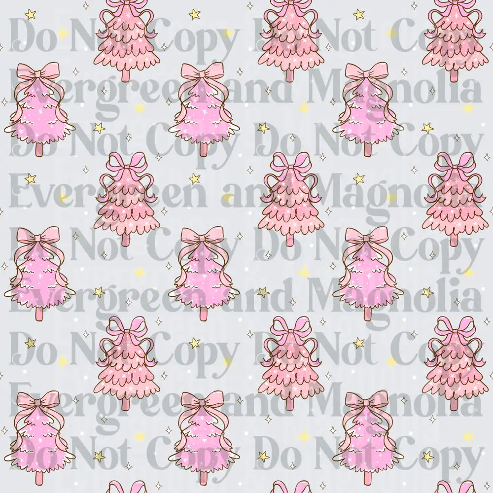 Pink Bow Christmas Trees Gold Stars Seamless Pattern