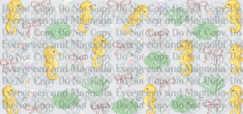 Cute Yellow Seahorses Coral Bubbles Bows Ocean Pattern
