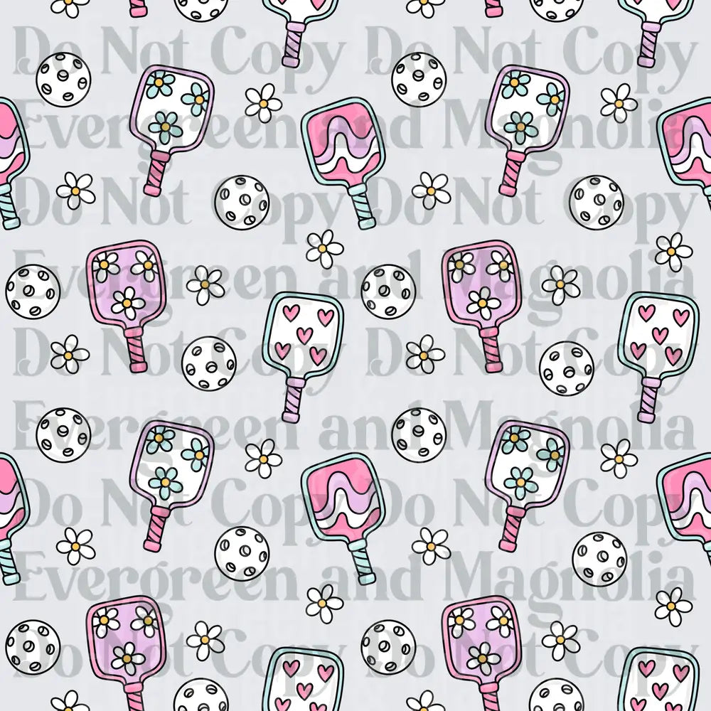 Girly Pickleball Paddles Balls Daisies Hearts Pattern