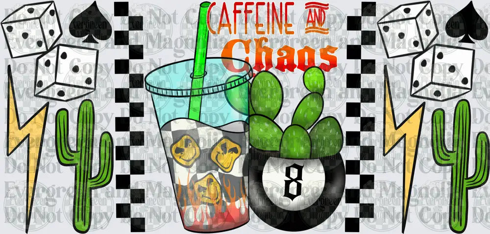 Caffeine And Chaos Iced Drink 8 Ball Cactus Dice Design