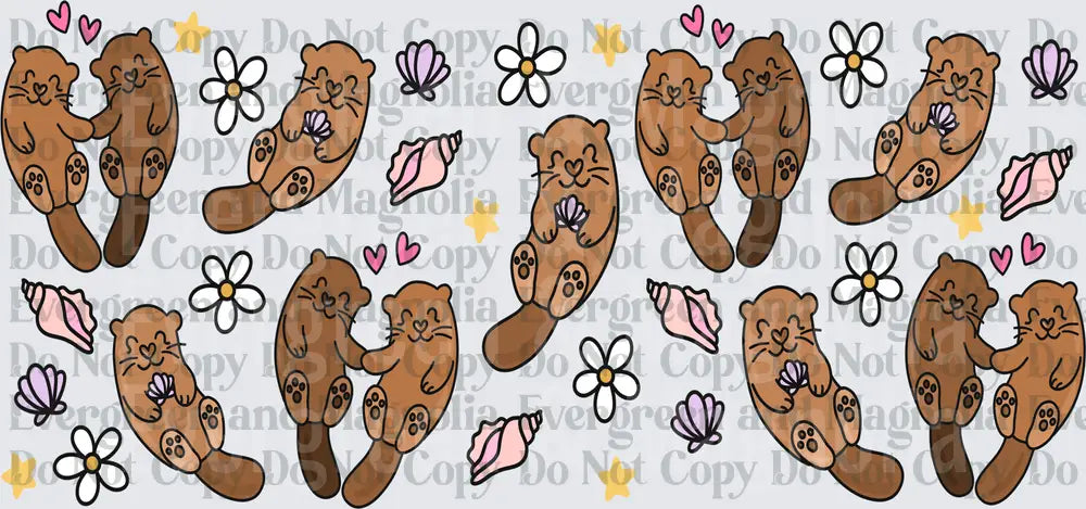 Cute Sea Otter Couples Cuddling Floral Seashell Pattern