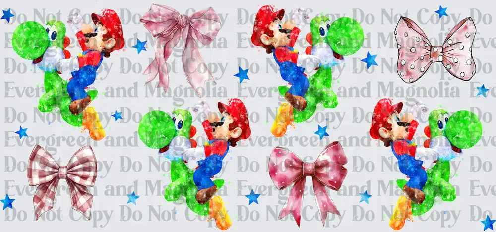 Watercolor Plumber Riding Dino Bows Stars Pattern