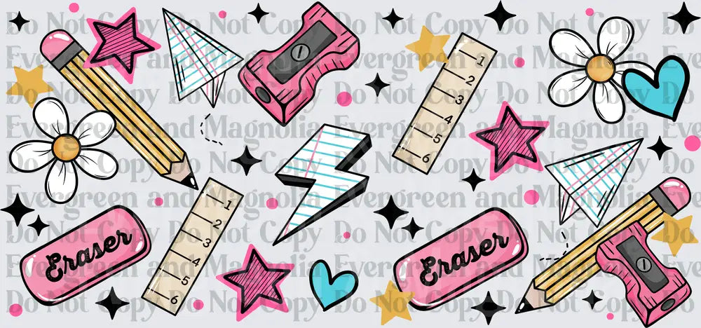Retro Pink School Supplies Pencil Eraser Ruler Doodle