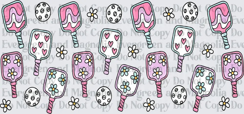 Cute Pink Pickleball Paddles Balls Daisies Hearts Pattern