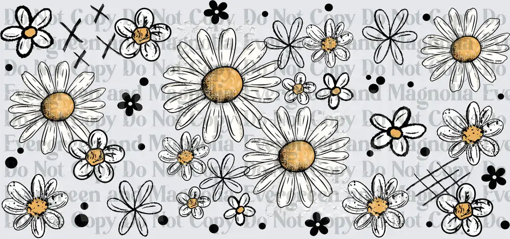 Scattered Daisy Floral Sketch Pattern Black Gold White
