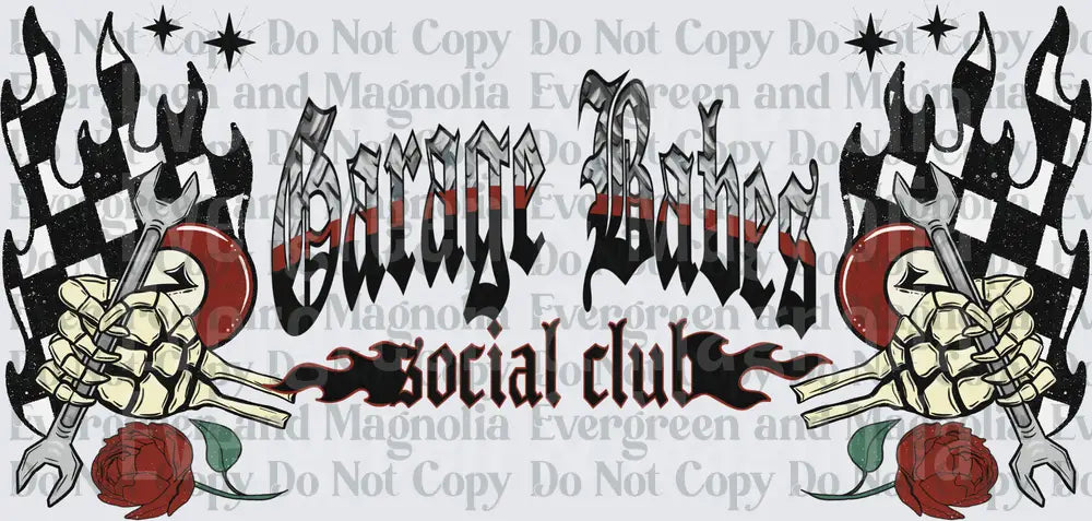 Garage Babes Social Club Skeleton Hands Wrench Racing Flag