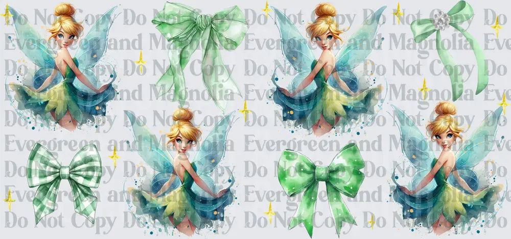 Watercolor Blonde Fairy with Blue Wings and Green Bows