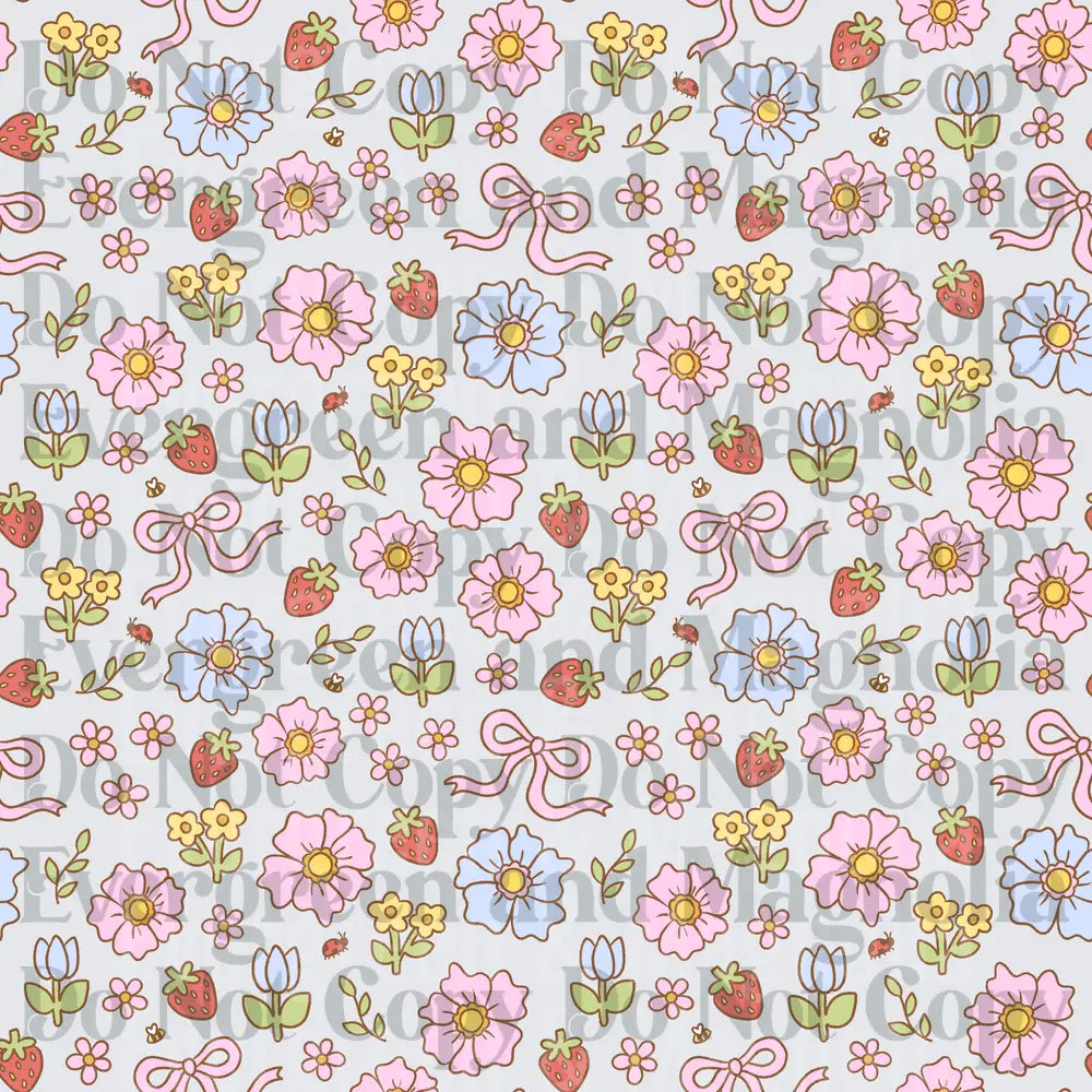 Pastel Floral Strawberry Bow Ditsy Pattern