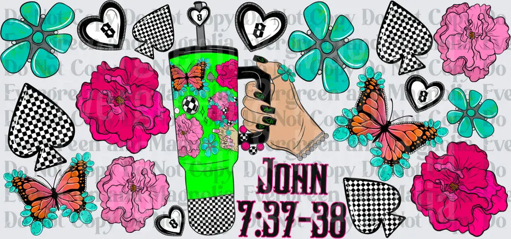 John 7:37-38 Checkered Floral Butterfly Green Cup Wrap