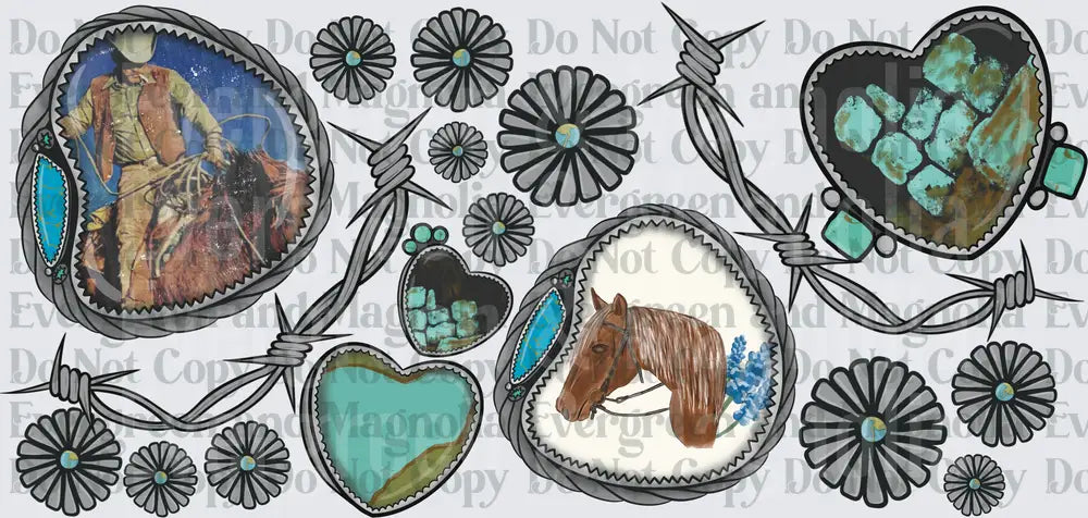 Western Turquoise Concho Hearts Barbed Wire Horse Cowboy