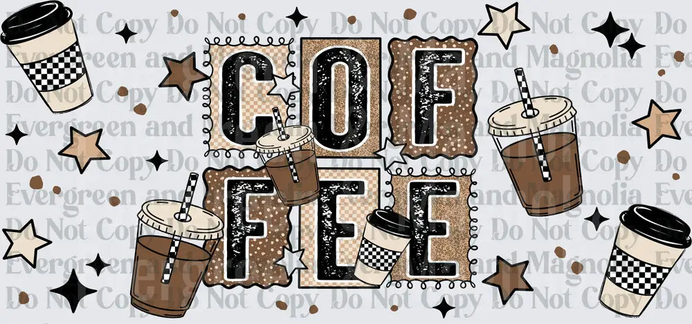 Retro Coffee Word Art with Iced Drinks Stars Checkered