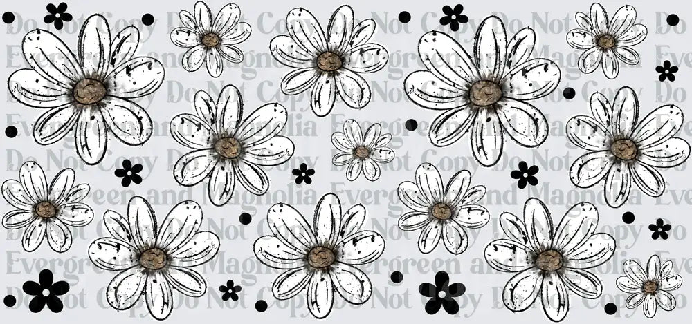 Distressed Daisy Floral Pattern Black White Sketch