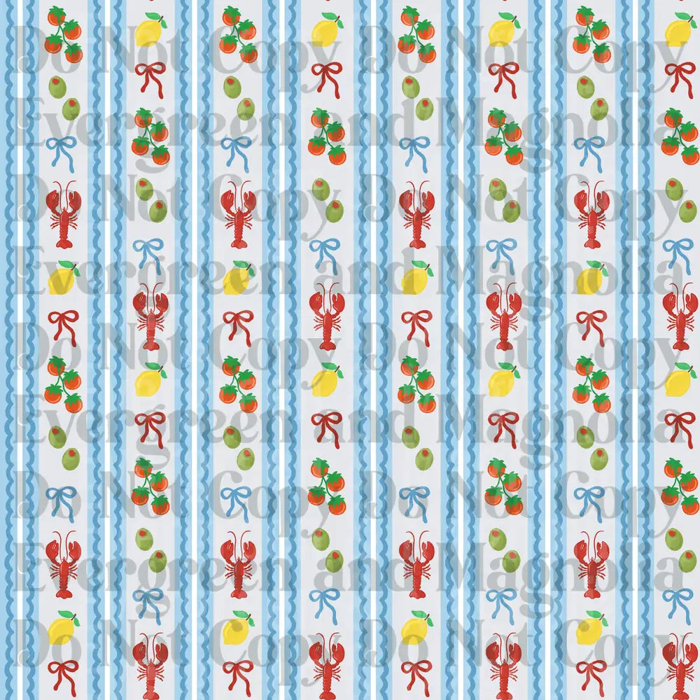 Lobster Lemon Olive Tomato Blue Bow Stripe Pattern