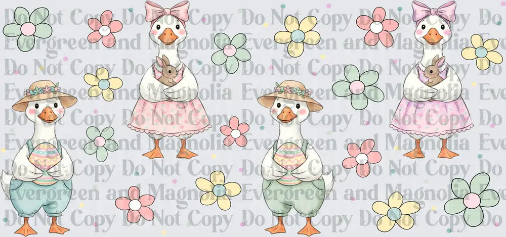 Pastel Easter Geese with Eggs Bunnies and Spring Flowers