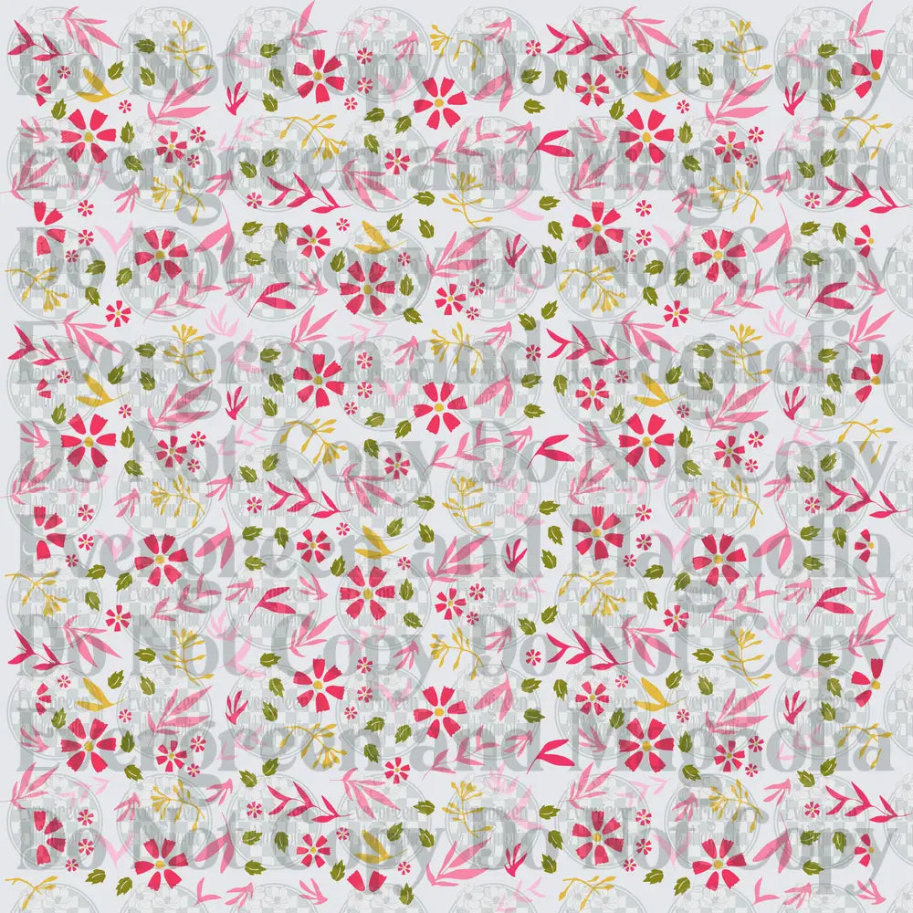 Ditsy Floral Pattern Pink Red Gold Green Leaves on White