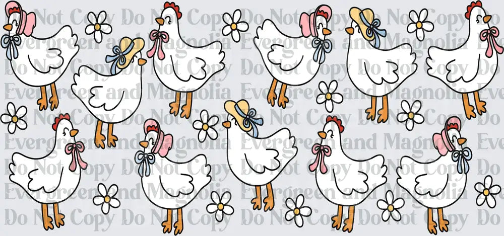 Cute Hens in Bonnets with Daisies Repeat Pattern