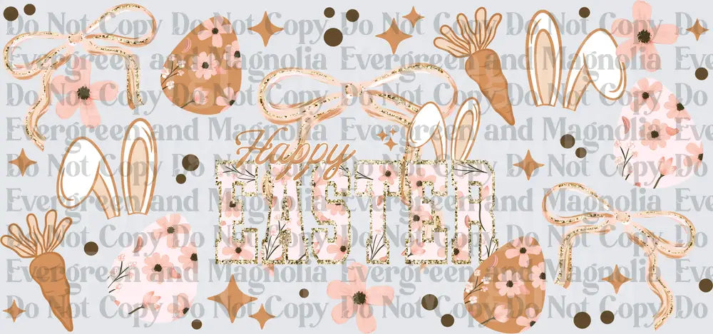 Happy Easter Floral Eggs Bows Bunny Ears Boho Pink Gold