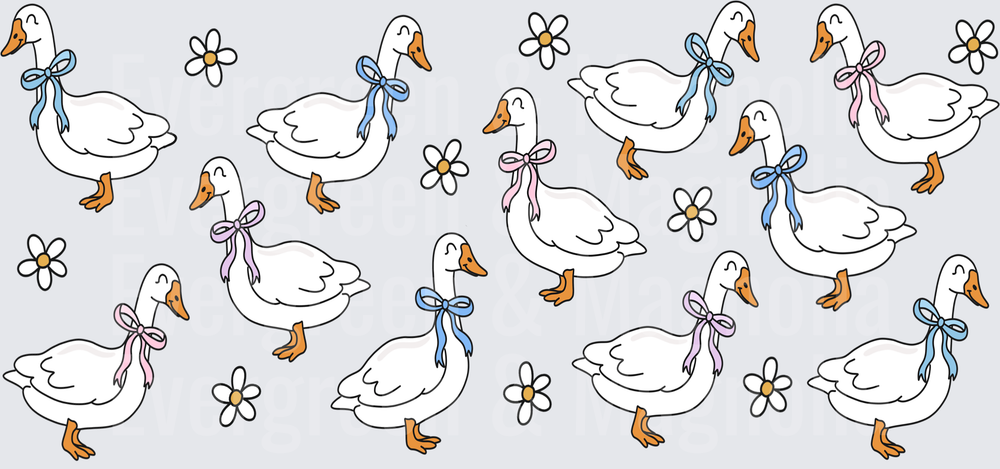 Cute White Geese with Pastel Bows and Daisy Flowers Pattern