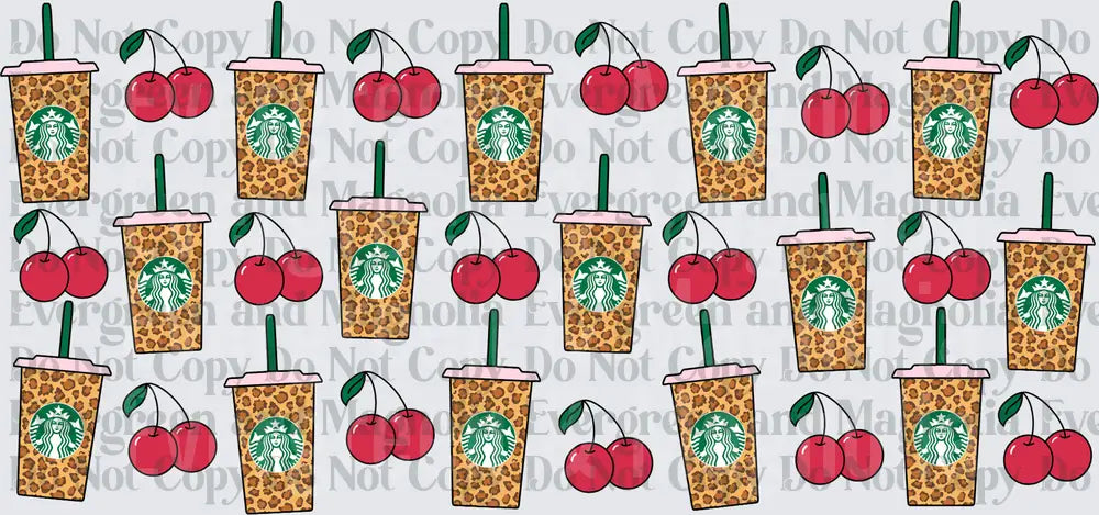 Leopard Print Coffee Cup And Cherry Repeat Pattern