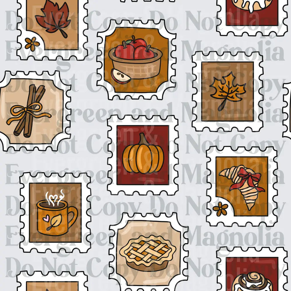 Autumn Fall Postage Stamp Collage Pumpkin Apple Pie Leaf