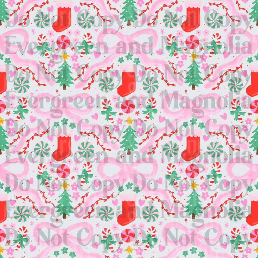 Pink Bow Christmas Pattern Stockings Candy Canes Trees