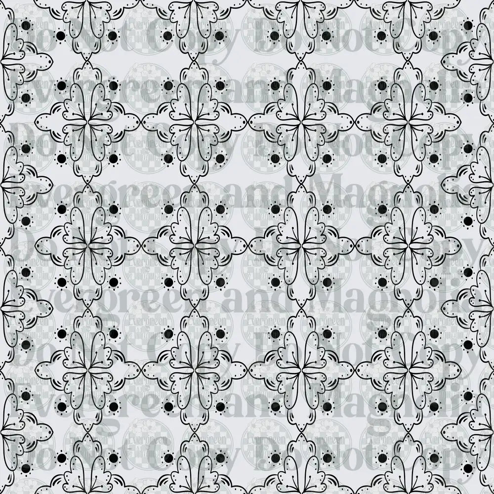 Black and White Ornamental Floral Cross Repeat Pattern