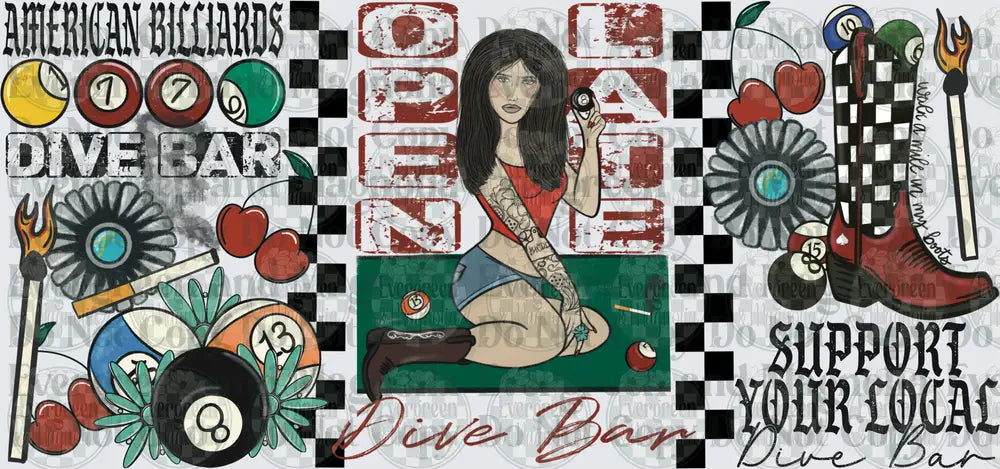 American Billiards Dive Bar Pinup Girl Open Late Panel