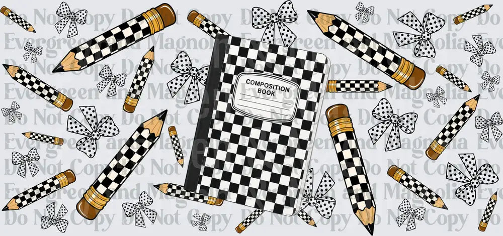 Checkered Composition Book Pencils Polka Dot Bows Pattern