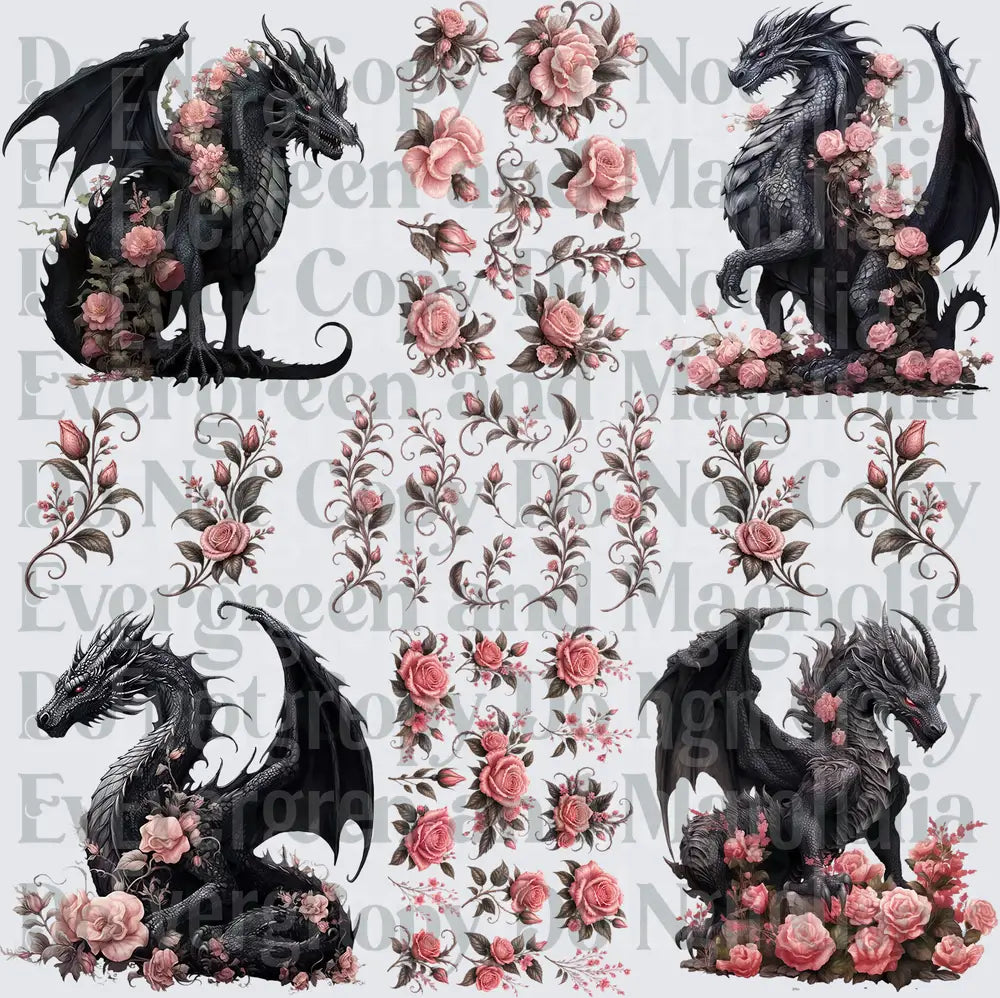 Black Dragon and Pink Roses Gothic Floral Fantasy Sheet